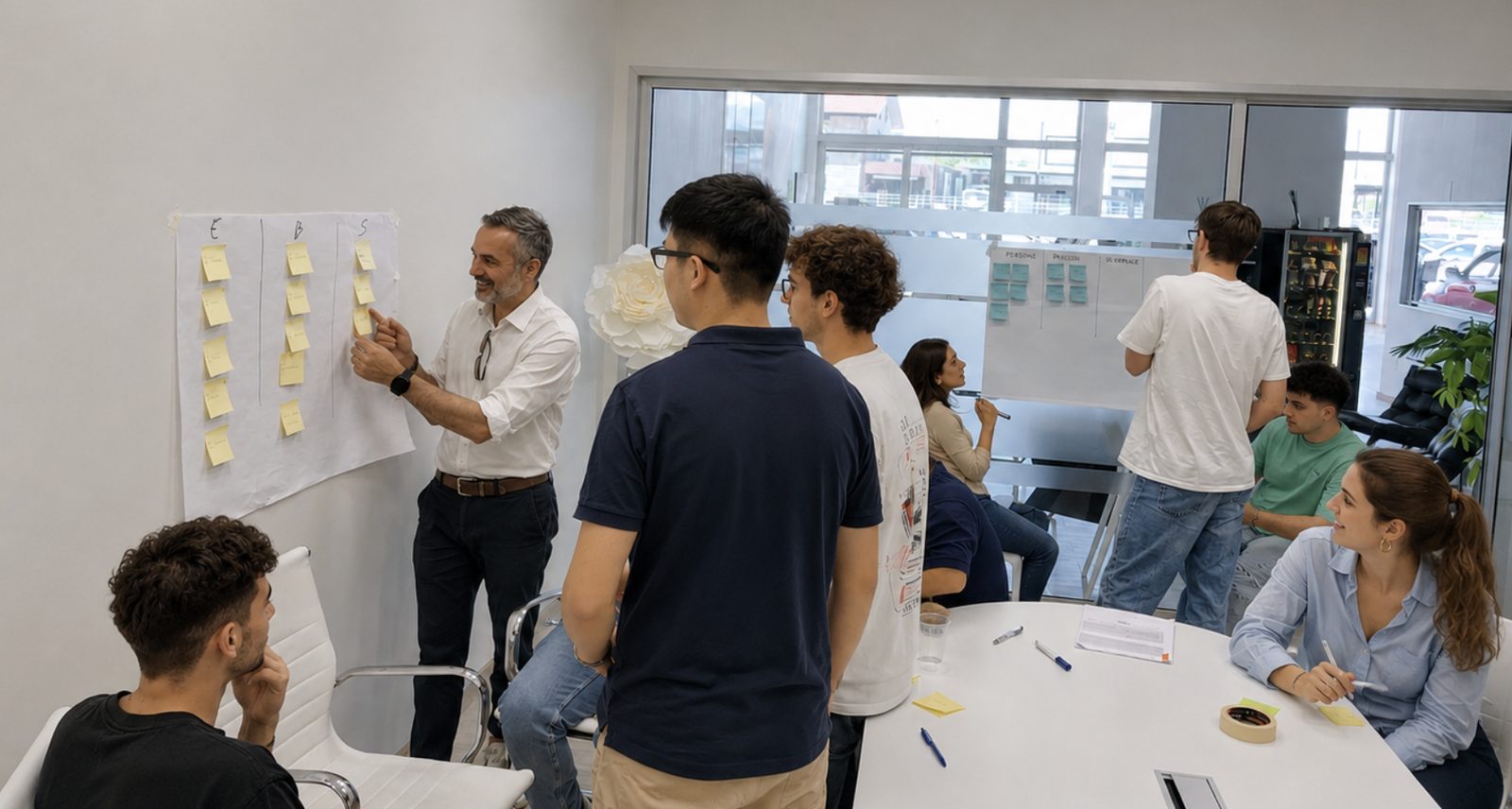 Partecipanti lavorano su una parete di post-it durante una sessione di assessment